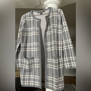 French Connection women’s long knit gray & pink plaid, medium sweater .